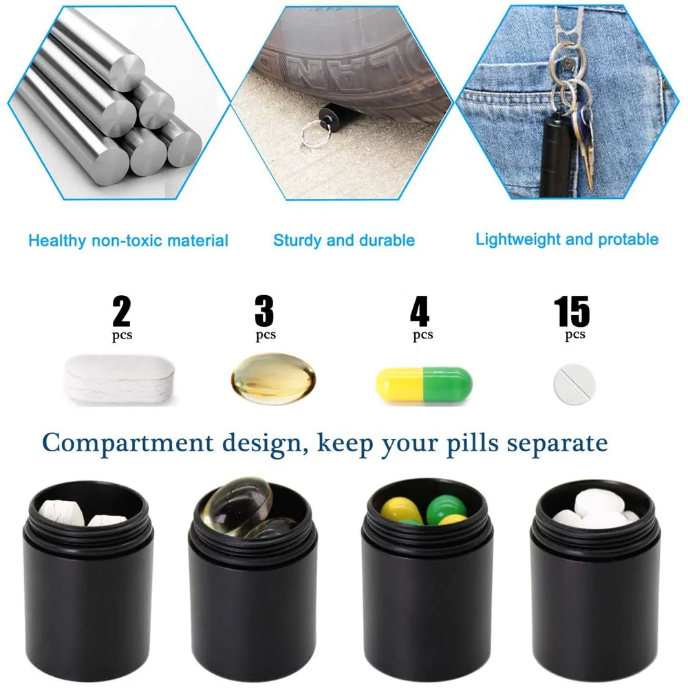 2 Pack Pill Box Portable Pill Case Aluminium Pocket Pill Boxes Keychain for Purse for Travel Waterproof Pill Holder Travel Pill Holder for Men Women