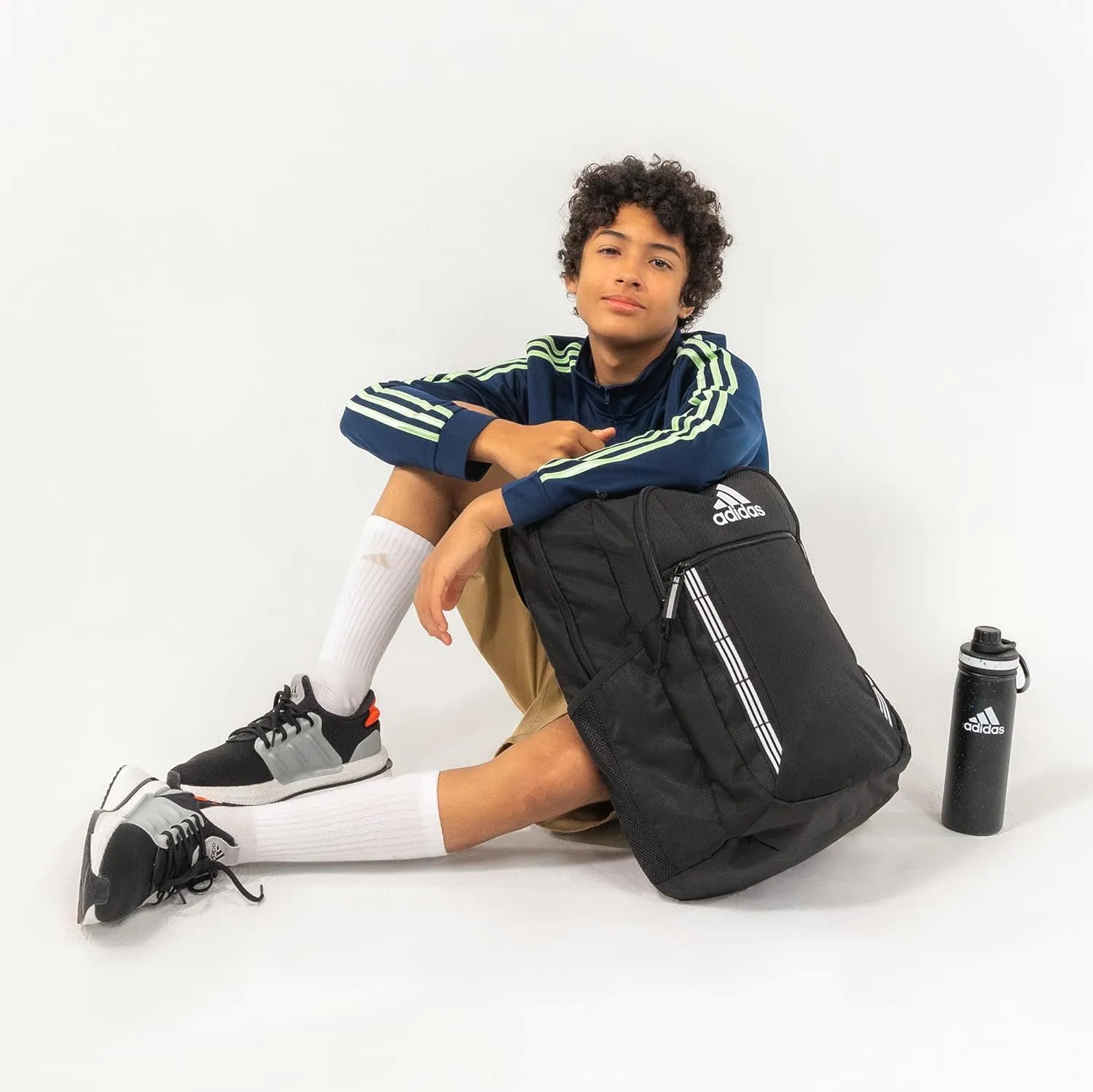 adidas Excel Laptop Durable Large Athletic Gym Backpack Bag, Black/White 3 Stripe Webbing, One Size