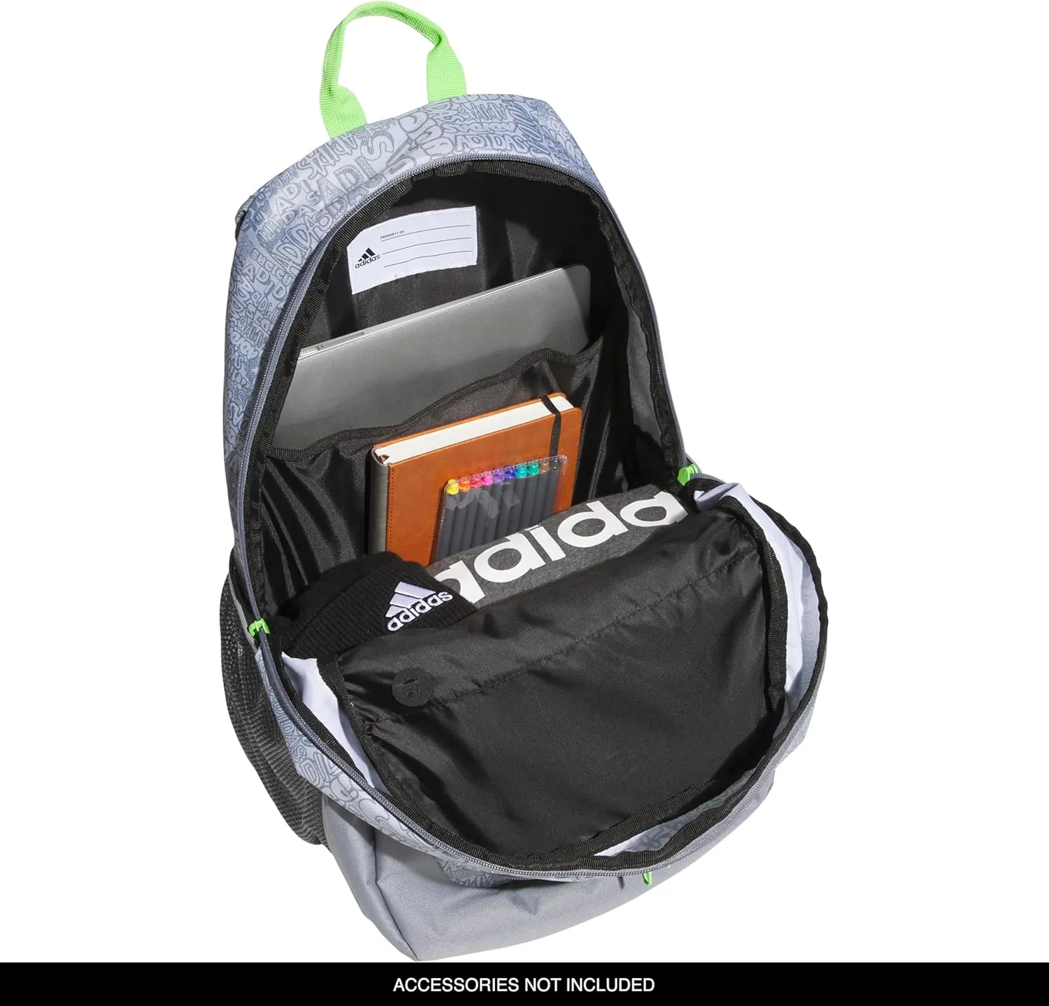 adidas Foundation Laptop, Book Bag with Sleeve, Large Durable Athletic Backpack for Men and Women, Adi Font Madness Stone Grey/Lucid Lime Green, One Size
