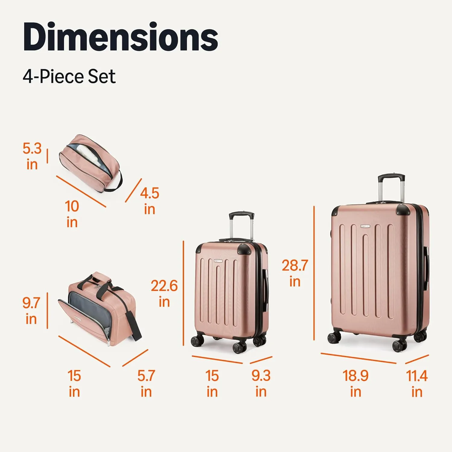 Amazon Basics 4-Piece Luggage Set, Including Two Hardside Suitcases With Multi-directional Spinner Wheels (22" Carry-On and 28" Checked), 15" Tote Bag and 10" Compact Travel Bag, Rose Gold