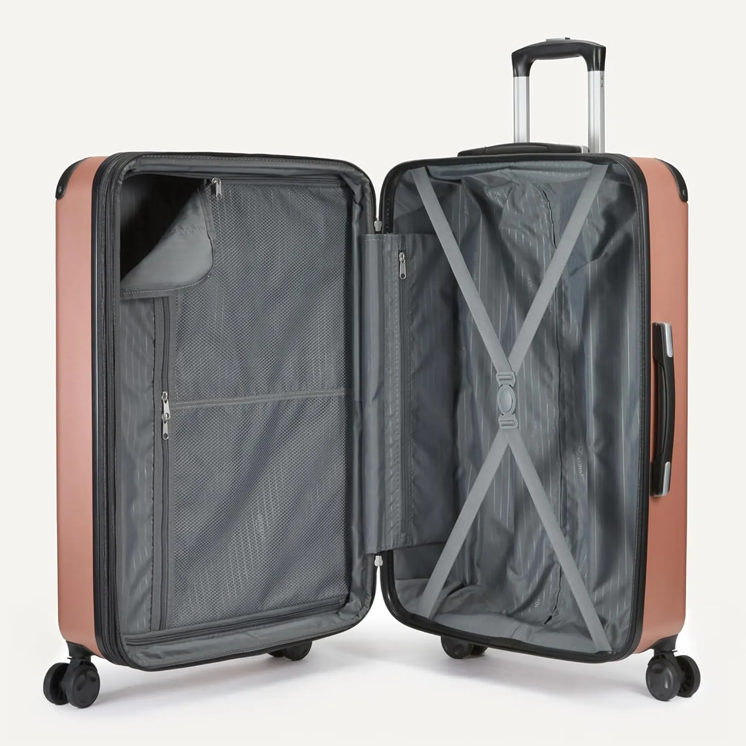 Amazon Basics 4-Piece Luggage Set, Including Two Hardside Suitcases With Multi-directional Spinner Wheels (22" Carry-On and 28" Checked), 15" Tote Bag and 10" Compact Travel Bag, Rose Gold