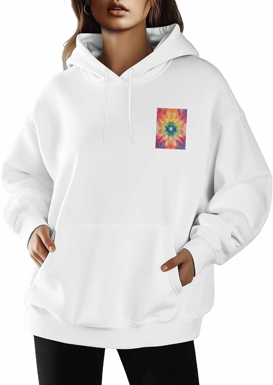 BEMIGO Hooded Sweatshirt Women Colorful Cozy Black/White Sweatshirt with Oversized Front Pocket Tie Dye Printed Trendy Tops