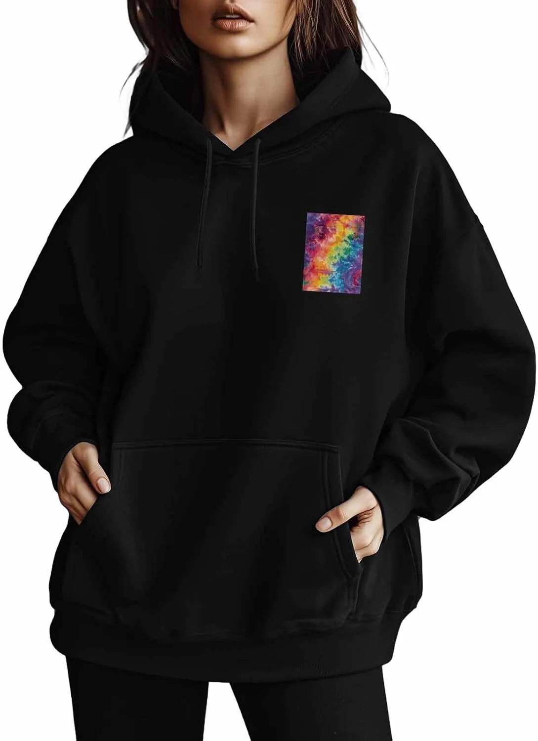BEMIGO Hooded Sweatshirt Women Tie Dye Cozy Black/White Sweatshirt with Oversized Front Pocket Colors Printed Trendy Tops