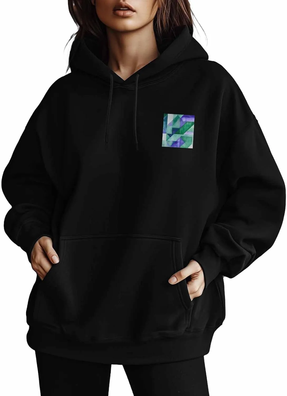 BEMIGO Hooded Sweatshirt Women Tie Dye Cozy Black/White Sweatshirt with Oversized Front Pocket Shapes Printed Trendy Tops