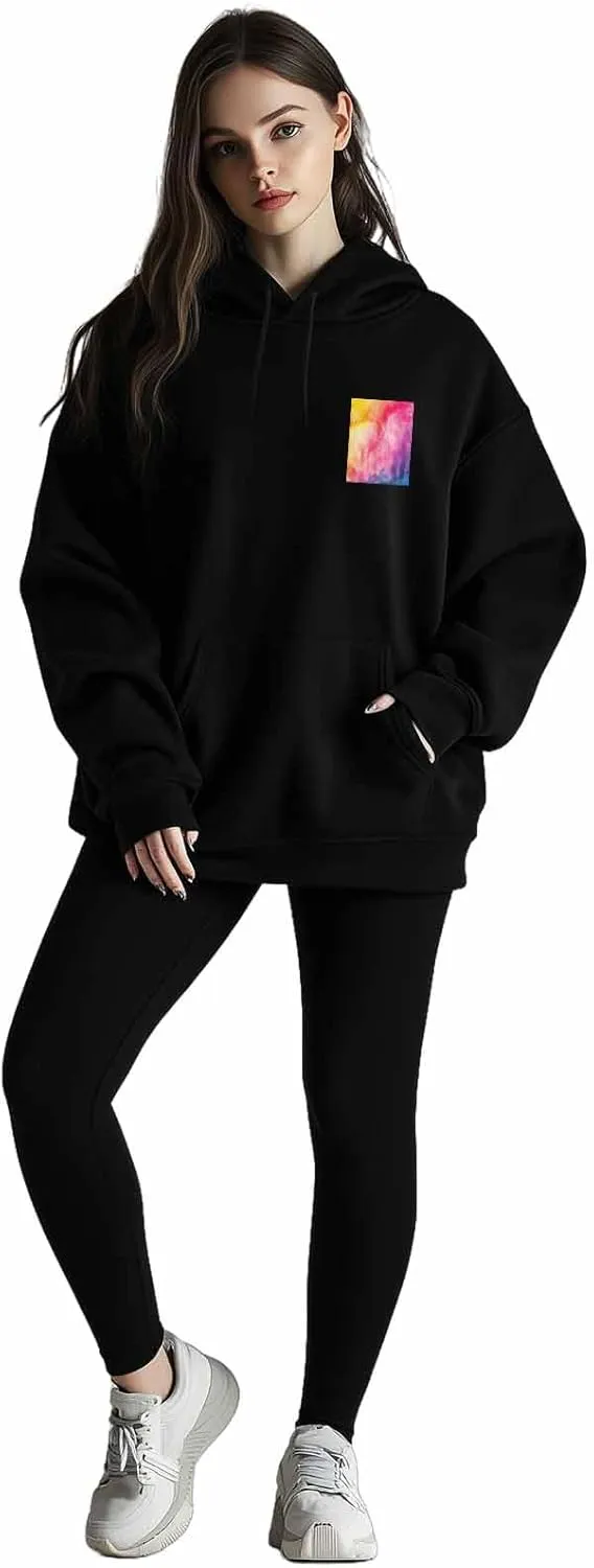 BEMIGO Hooded Sweatshirt Women Tie Dye Cozy Black/White Sweatshirt with Oversized Front Pocket Watercolor Printed Trendy Tops