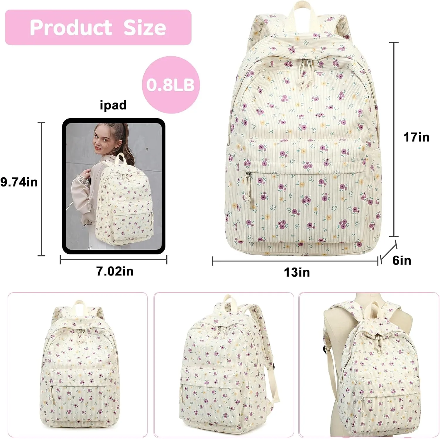 Bluboon Backpack for School Girls Women, Cute Corduroy Laptop Bookbag for Kids Teens, Durable Girls Lightweight Backpack