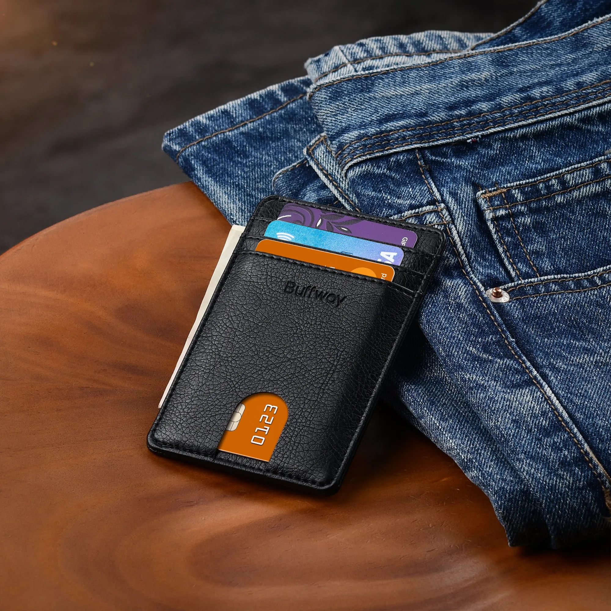 Buffway Mens Slim Wallet, Minimalist Thin Front Pocket Leather Credit Card Holder with RFID Blocking for Work Travel - Galactic Crack Black