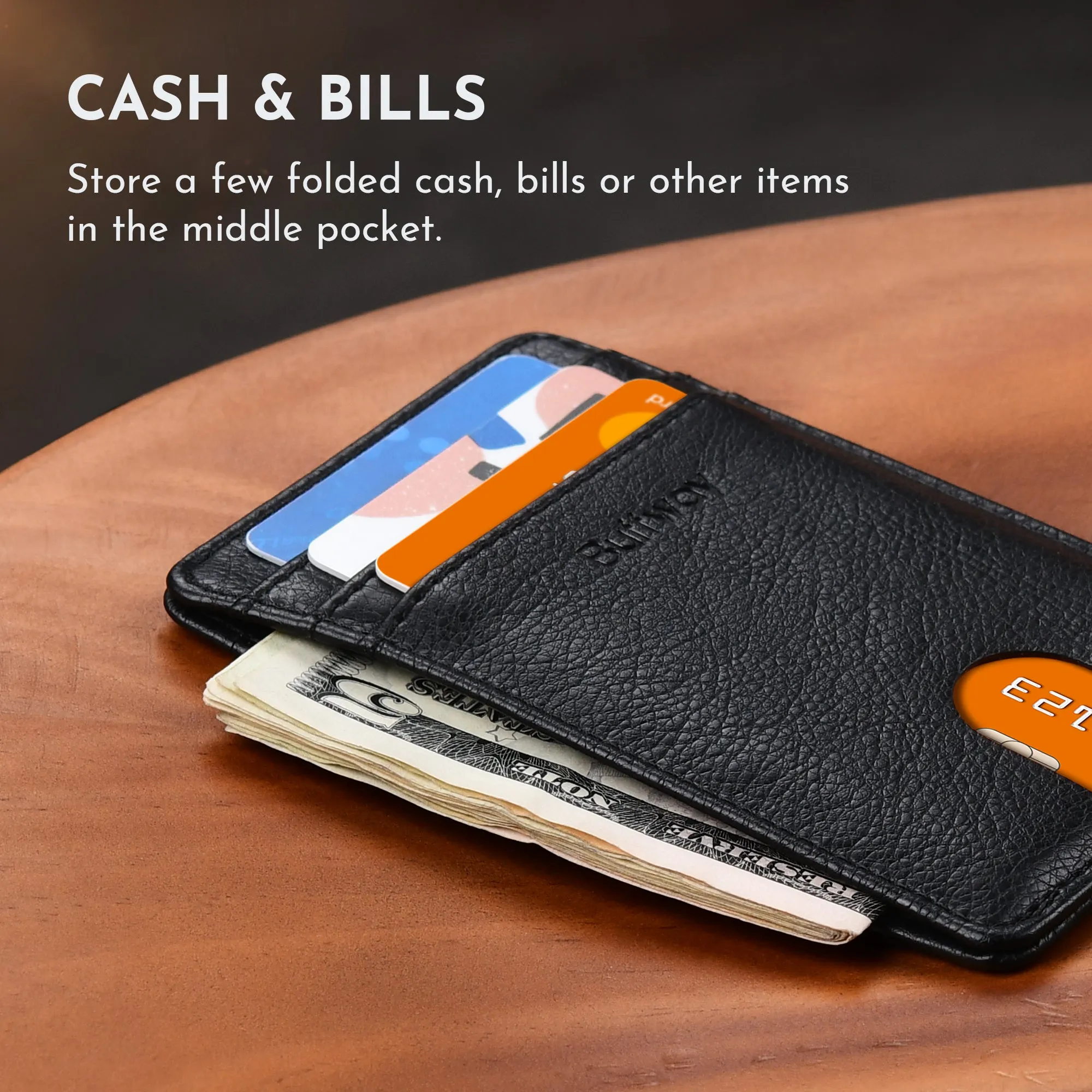 Buffway Mens Slim Wallet, Minimalist Thin Front Pocket Leather Credit Card Holder with RFID Blocking for Work Travel - Galactic Crack Black