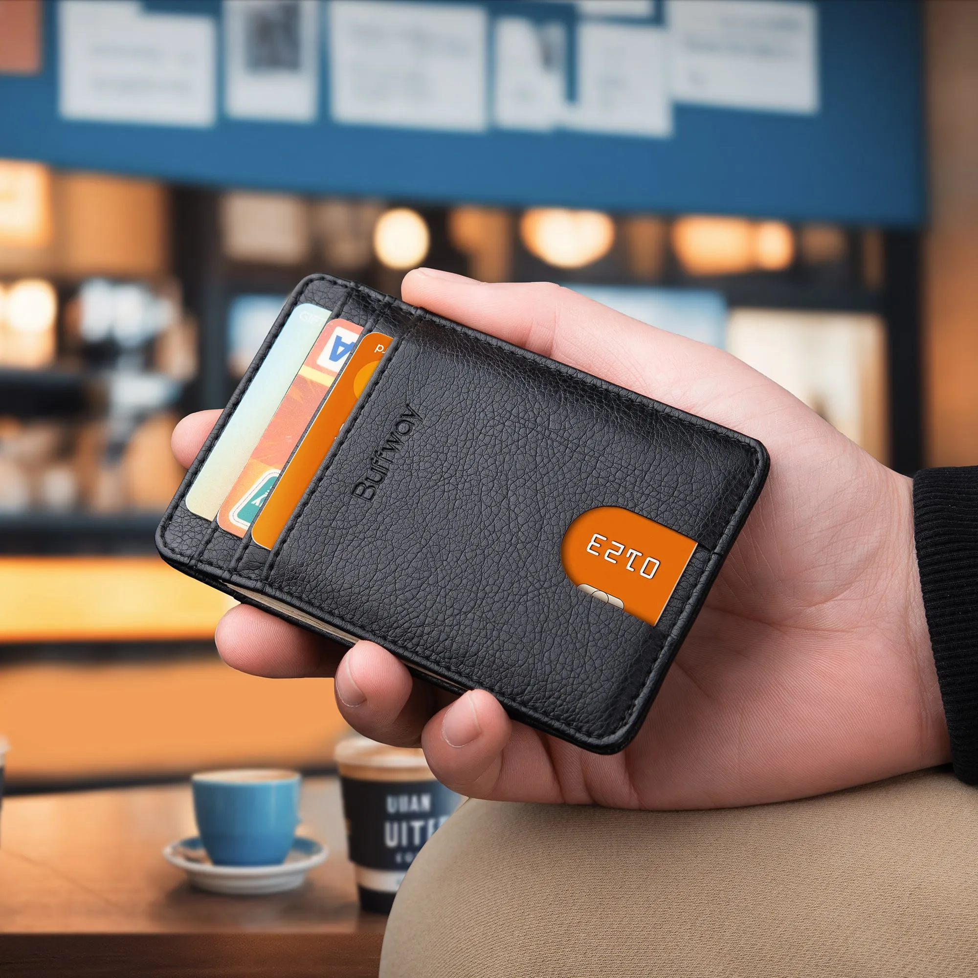 Buffway Mens Slim Wallet, Minimalist Thin Front Pocket Leather Credit Card Holder with RFID Blocking for Work Travel - Galactic Crack Black
