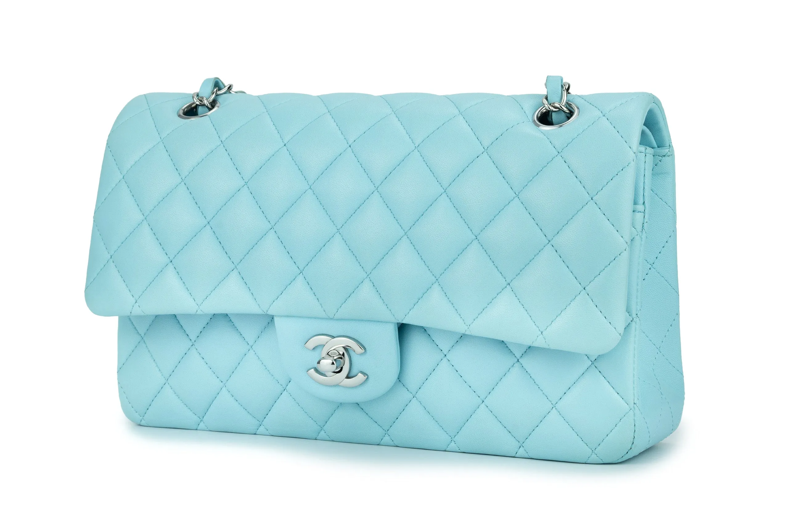 Chanel Medium Classic Flap Lambskin Neon Blue Silver Hardware