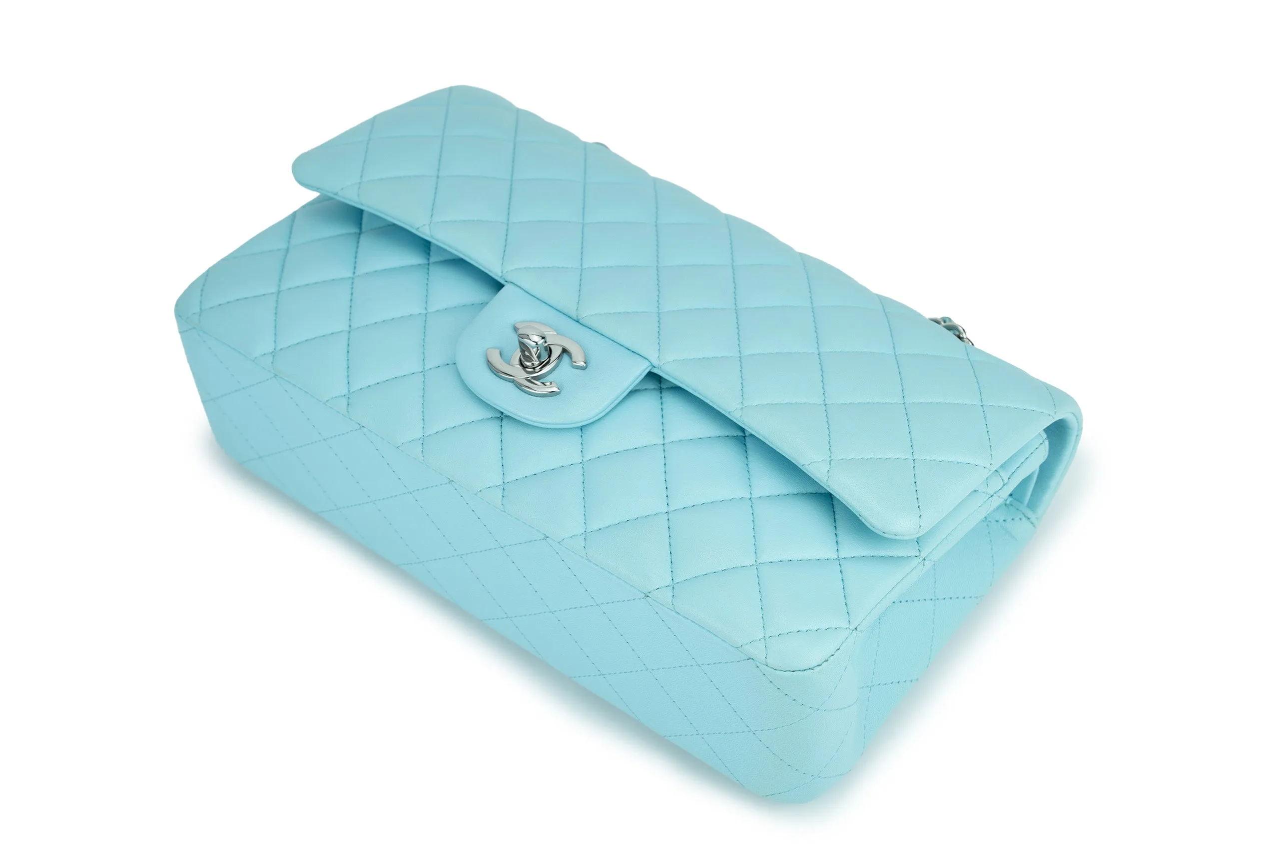 Chanel Medium Classic Flap Lambskin Neon Blue Silver Hardware