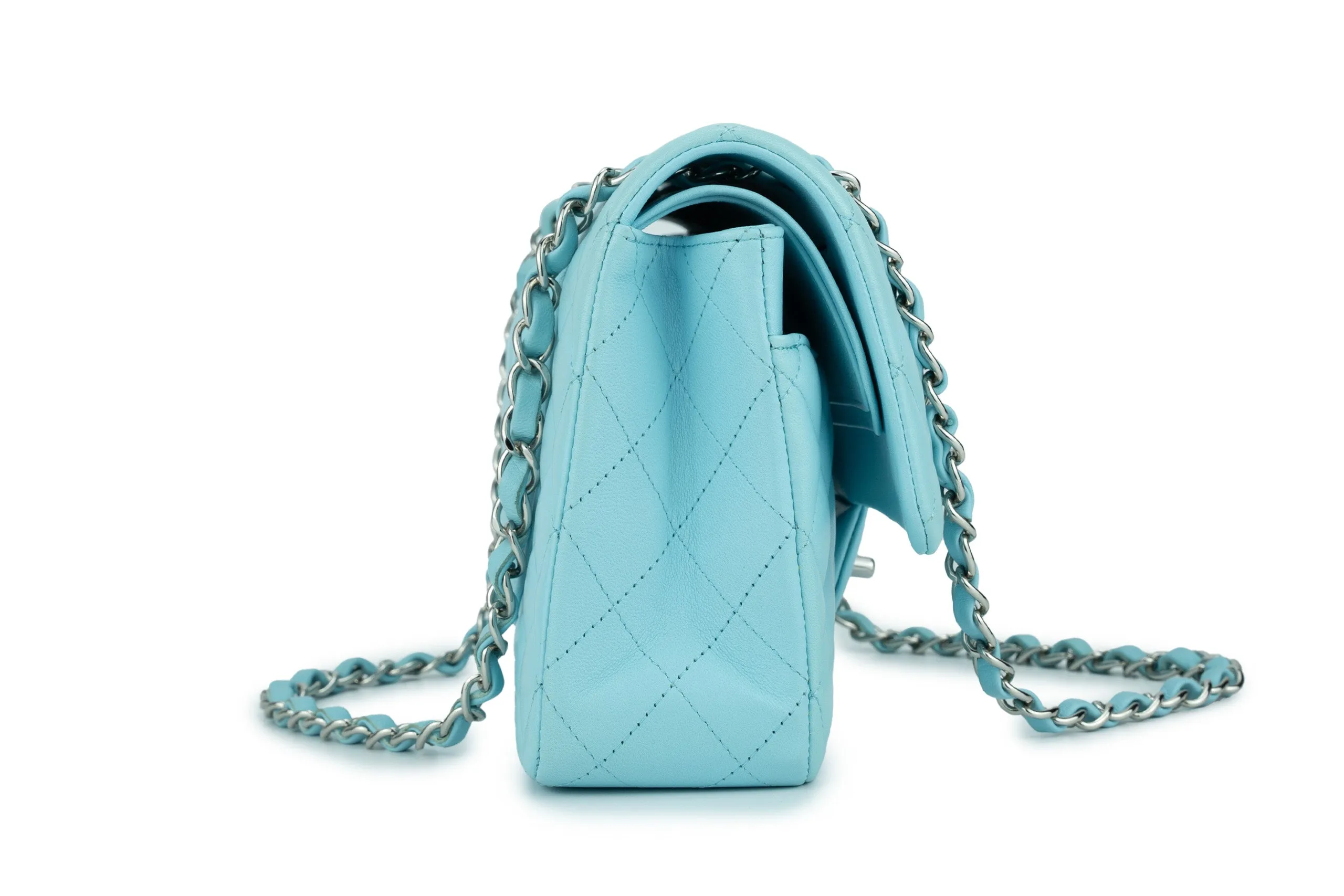 Chanel Medium Classic Flap Lambskin Neon Blue Silver Hardware