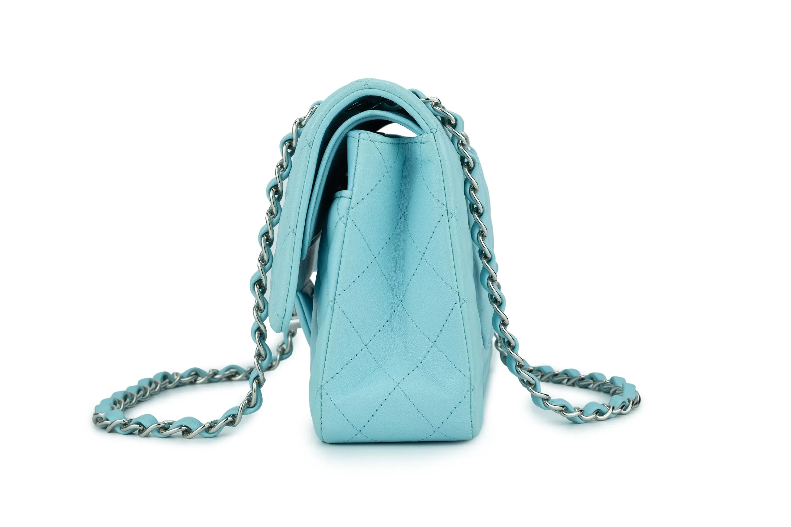 Chanel Medium Classic Flap Lambskin Neon Blue Silver Hardware