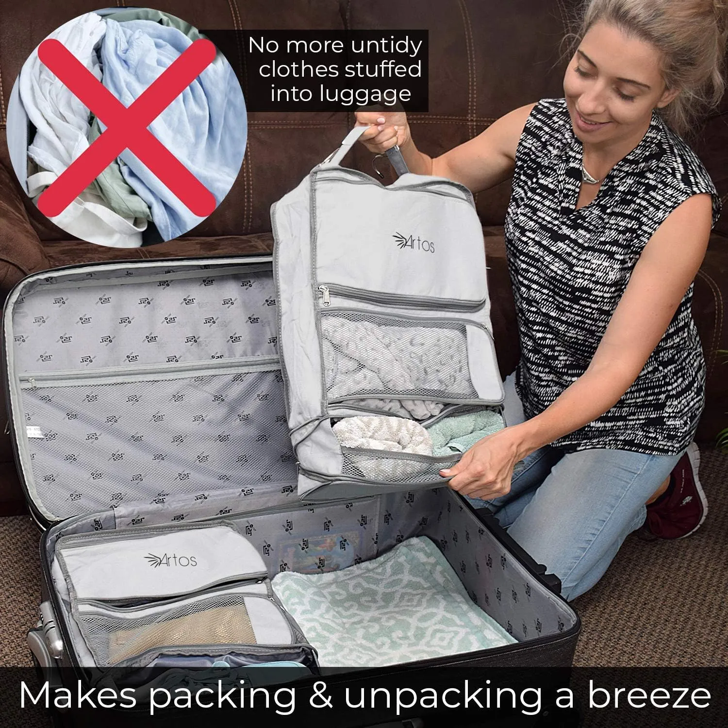 Hanging Portable Luggage Suitcase Closet Shelving Organizer w/hooks| For Travel, Camper, RV |Packing Cube(Grey)