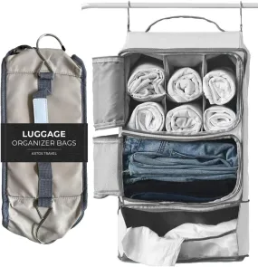 Hanging Portable Luggage Suitcase Closet Shelving Organizer w/hooks| For Travel, Camper, RV |Packing Cube(Grey)