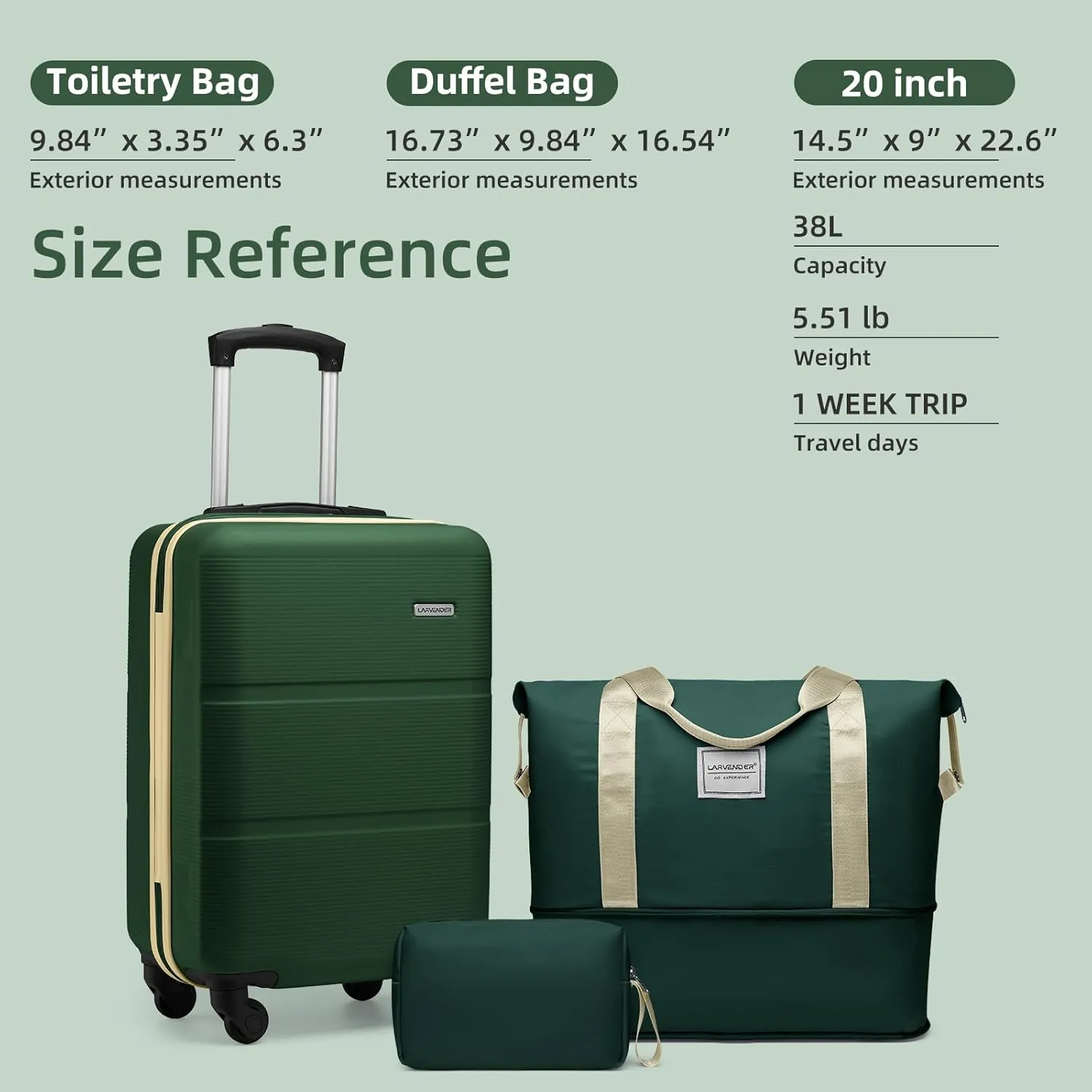 LARVENDER Luggage Sets 3 Piece with Duffel Bag, Hardside ABS Carry On suitcase sets with 360Spinner Wheels, Durable Luggage Set Clearance For Women Men, Olive Green