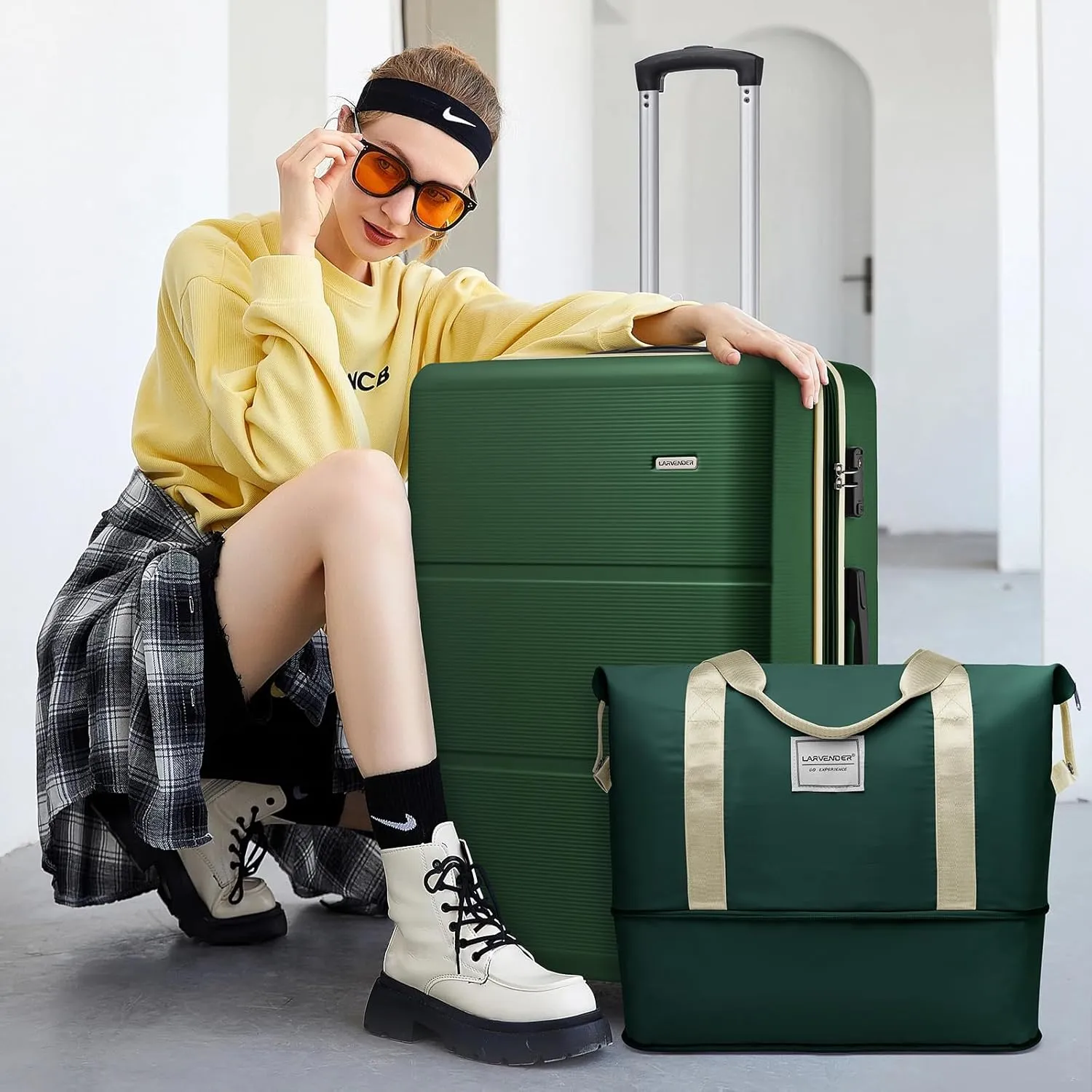 LARVENDER Luggage Sets 3 Piece with Duffel Bag, Hardside ABS Carry On suitcase sets with 360Spinner Wheels, Durable Luggage Set Clearance For Women Men, Olive Green
