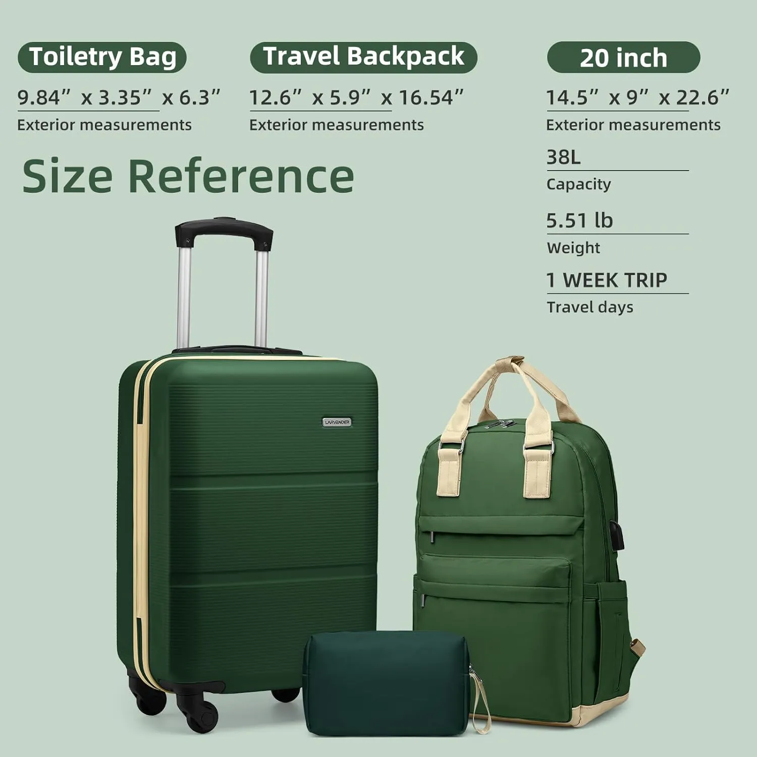 LARVENDER Luggage Sets 3 Piece with Travel Backpack, Hardside ABS Carry On suitcase sets with 360Spinner Wheels, Durable Luggage Set Clearance For Women Men, Olive Green