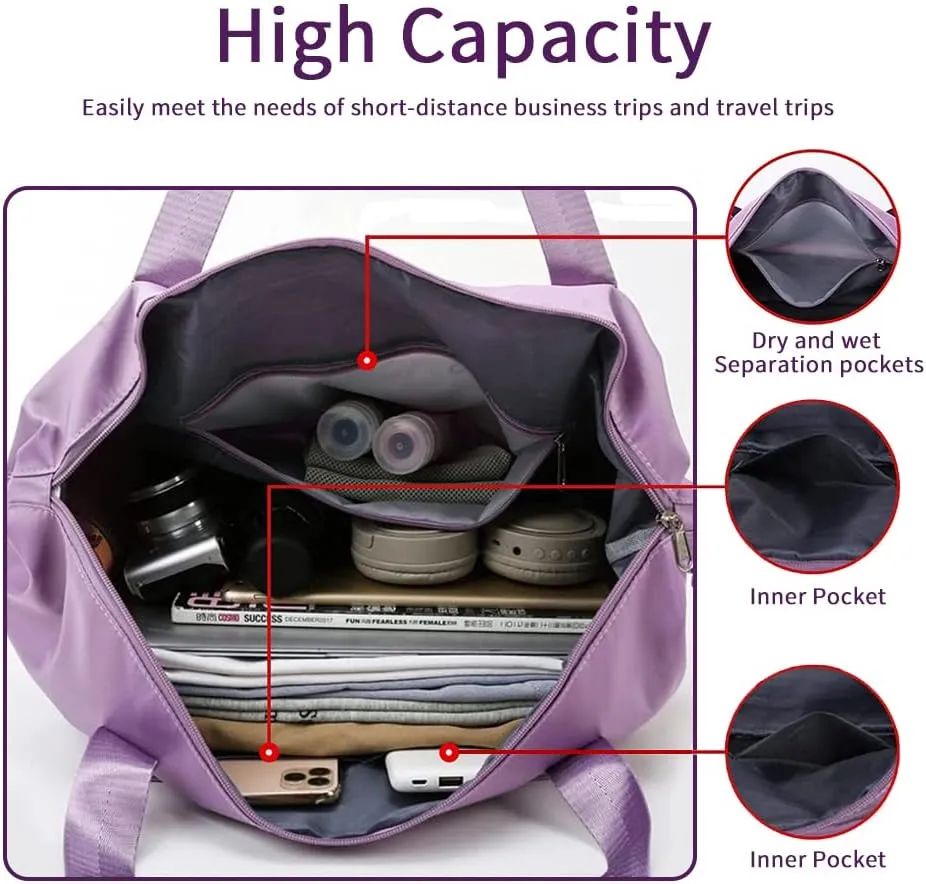 Orshawer Large Capacity Foldable Travel Bag Expandable Portable Carry on Bag Dry&Wet Separation Waterproof Sports Duffel Bags, Purple, Minimalism
