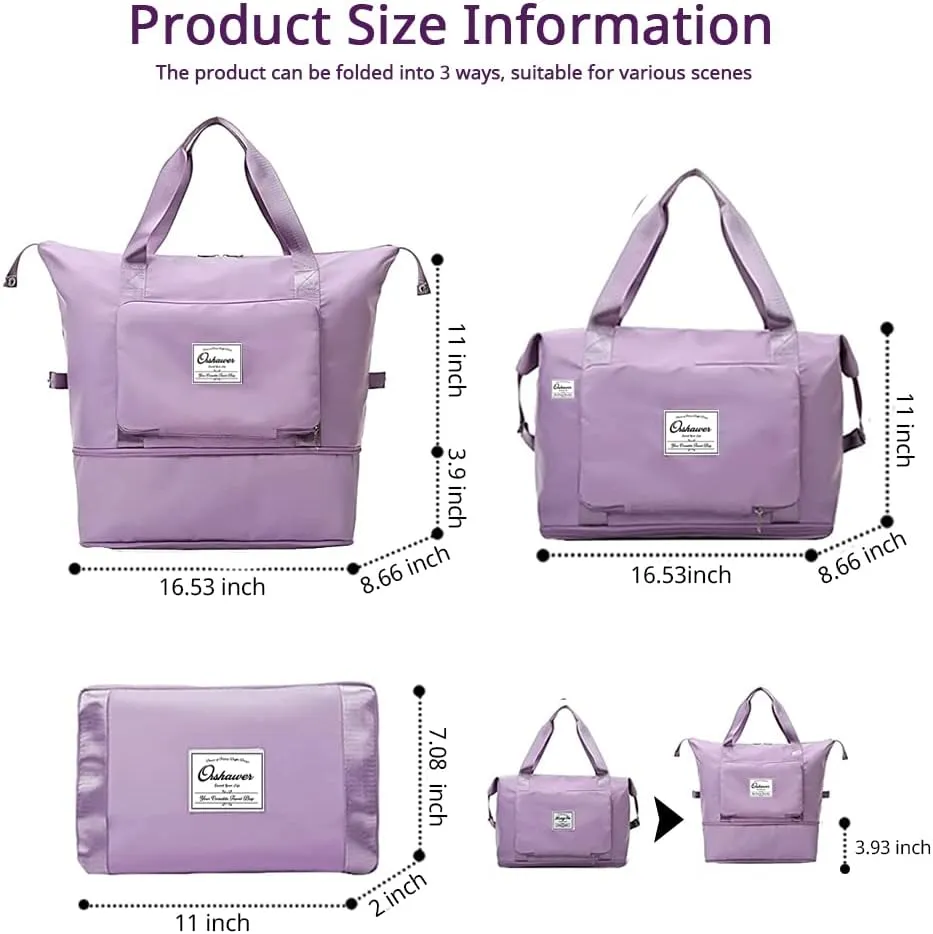 Orshawer Large Capacity Foldable Travel Bag Expandable Portable Carry on Bag Dry&Wet Separation Waterproof Sports Duffel Bags, Purple, Minimalism