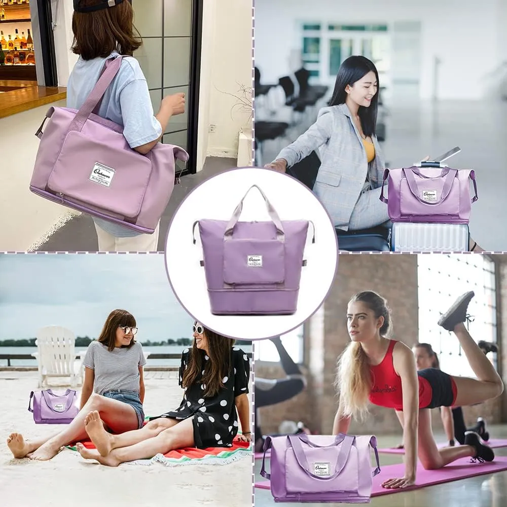 Orshawer Large Capacity Foldable Travel Bag Expandable Portable Carry on Bag Dry&Wet Separation Waterproof Sports Duffel Bags, Purple, Minimalism