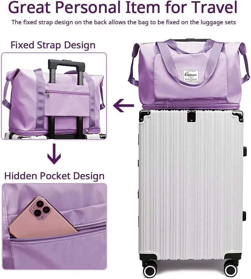Orshawer Large Capacity Foldable Travel Bag Expandable Portable Carry on Bag Dry&Wet Separation Waterproof Sports Duffel Bags, Purple, Minimalism