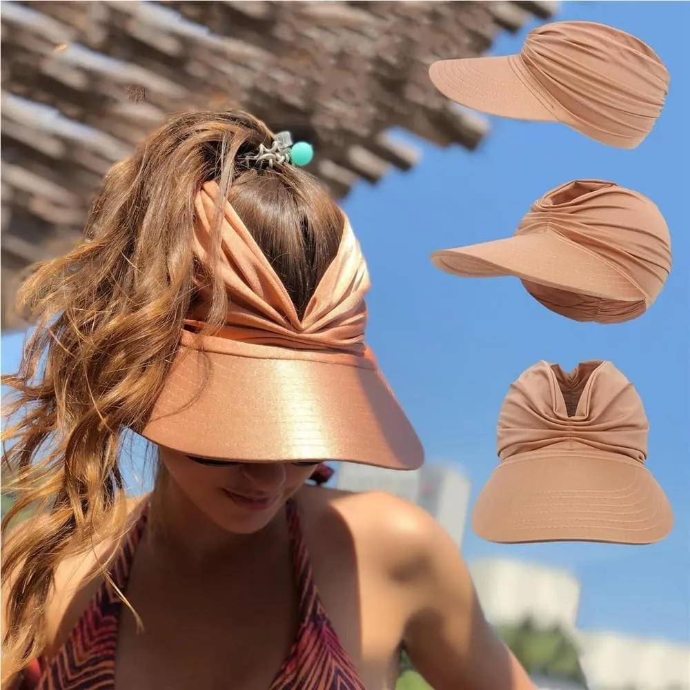 Peshoriadm Summer Womens Sun Hat, Elastic Top Ponytail Sun Beach Hats, Wide Brim Breathable Empty Top Summer Sun Hat(Wine red)