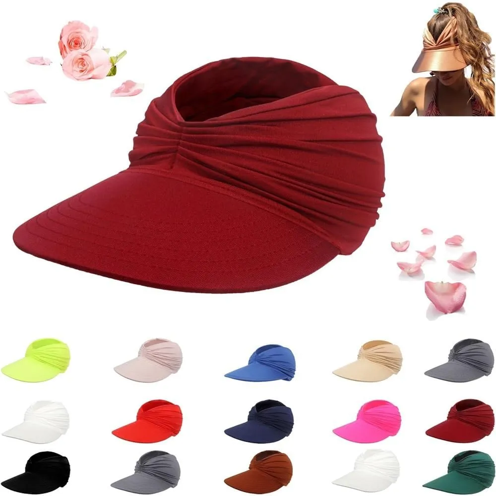 Peshoriadm Summer Womens Sun Hat, Elastic Top Ponytail Sun Beach Hats, Wide Brim Breathable Empty Top Summer Sun Hat(Wine red)