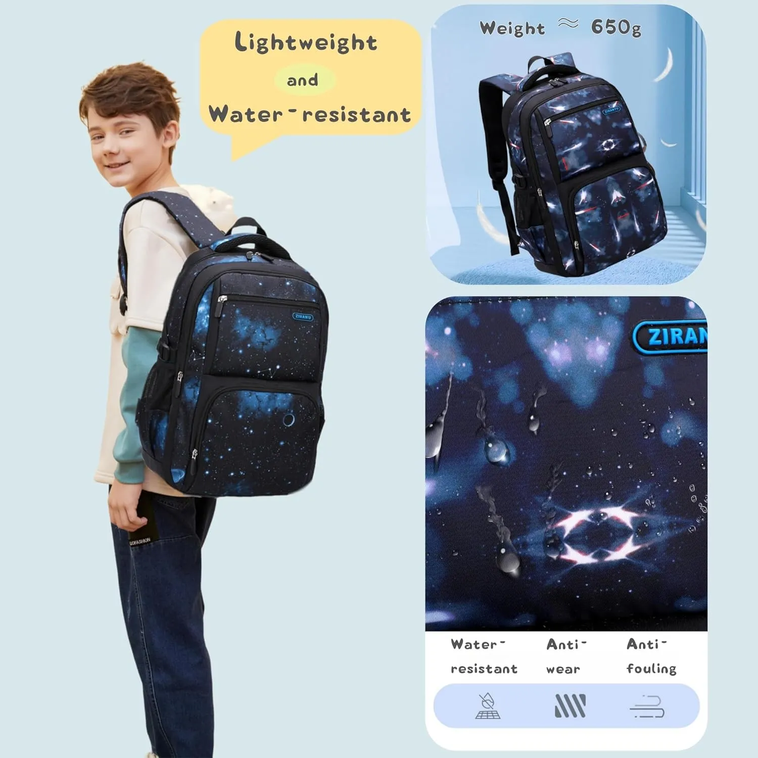 Space Print Boys Backpacks for School Elementary, Galaxy Backpacks for Boys Water-resistant School Bags Bookbags, Dark-blue