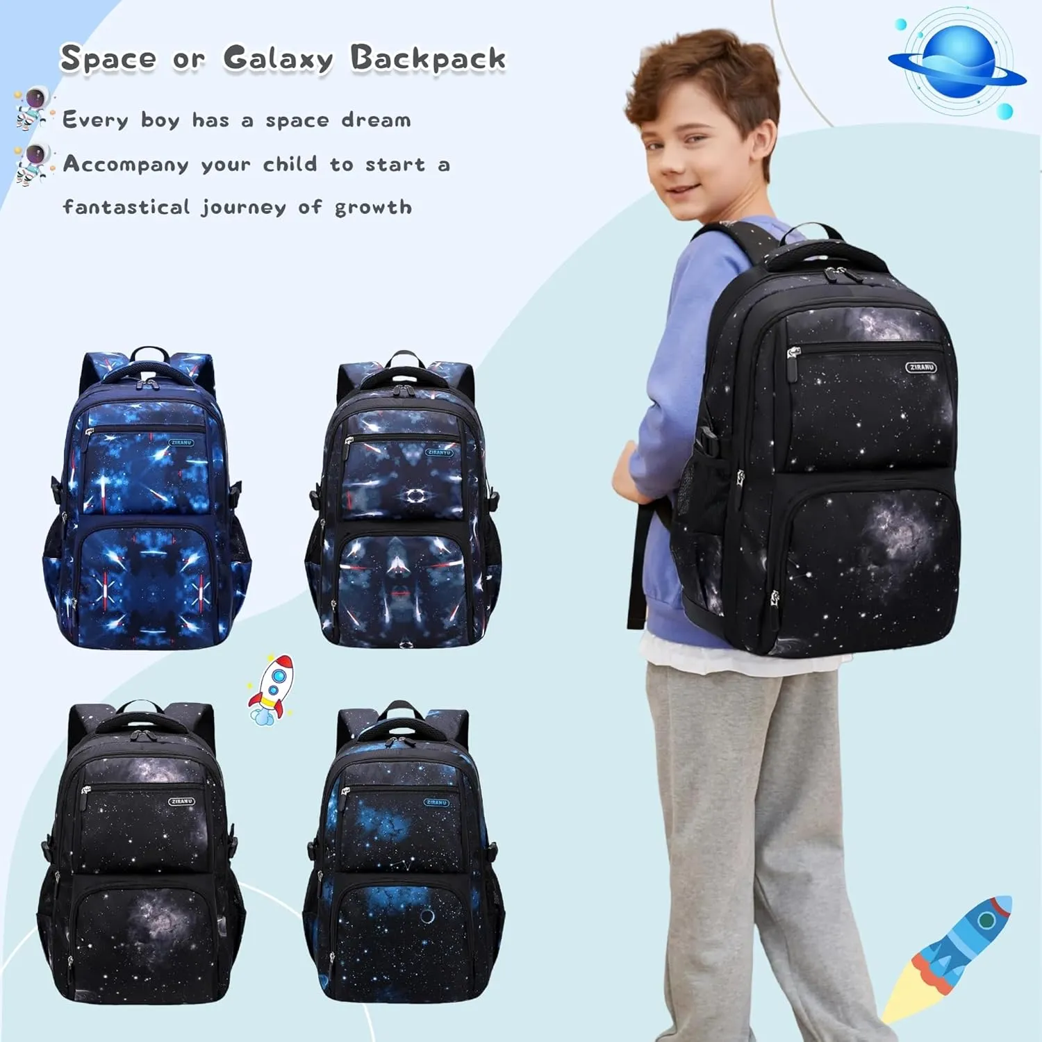 Space Print Boys Backpacks for School Elementary, Galaxy Backpacks for Boys Water-resistant School Bags Bookbags, Sky-blue