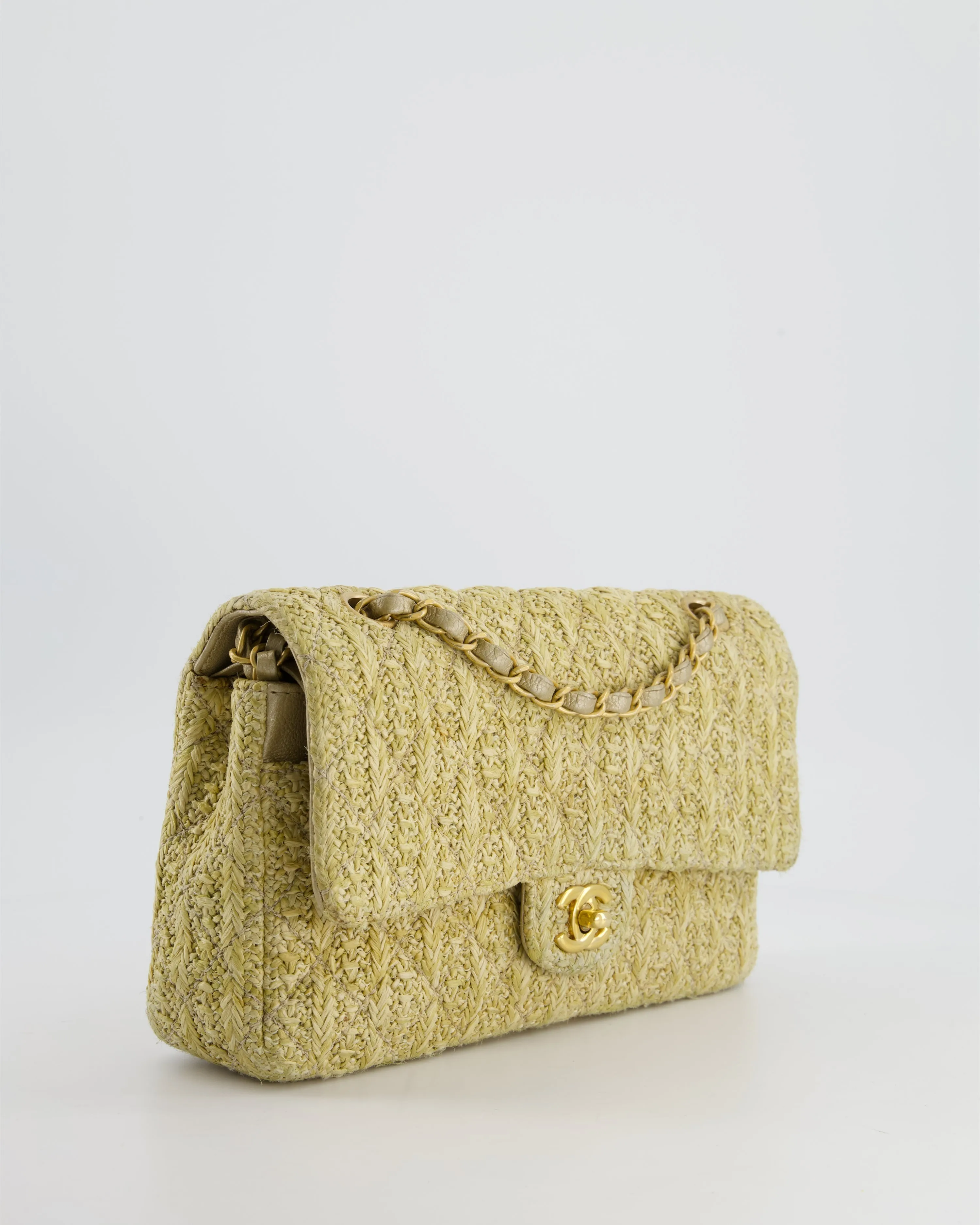 *SUPER HOT* Chanel Beige Raffia Medium Classic Double Flap Bag with Brushed Gold Hardware and Gold Leather Interior