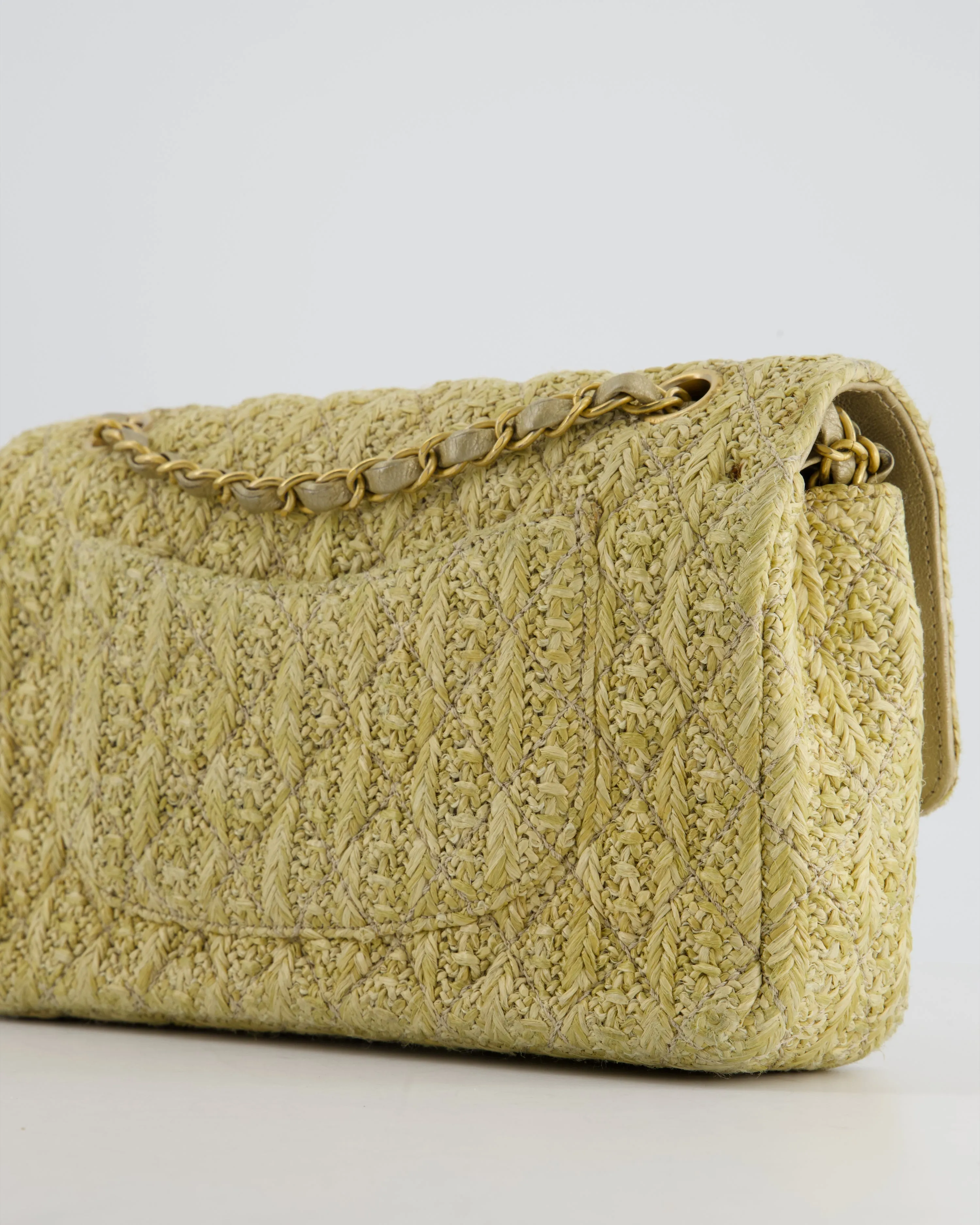 *SUPER HOT* Chanel Beige Raffia Medium Classic Double Flap Bag with Brushed Gold Hardware and Gold Leather Interior