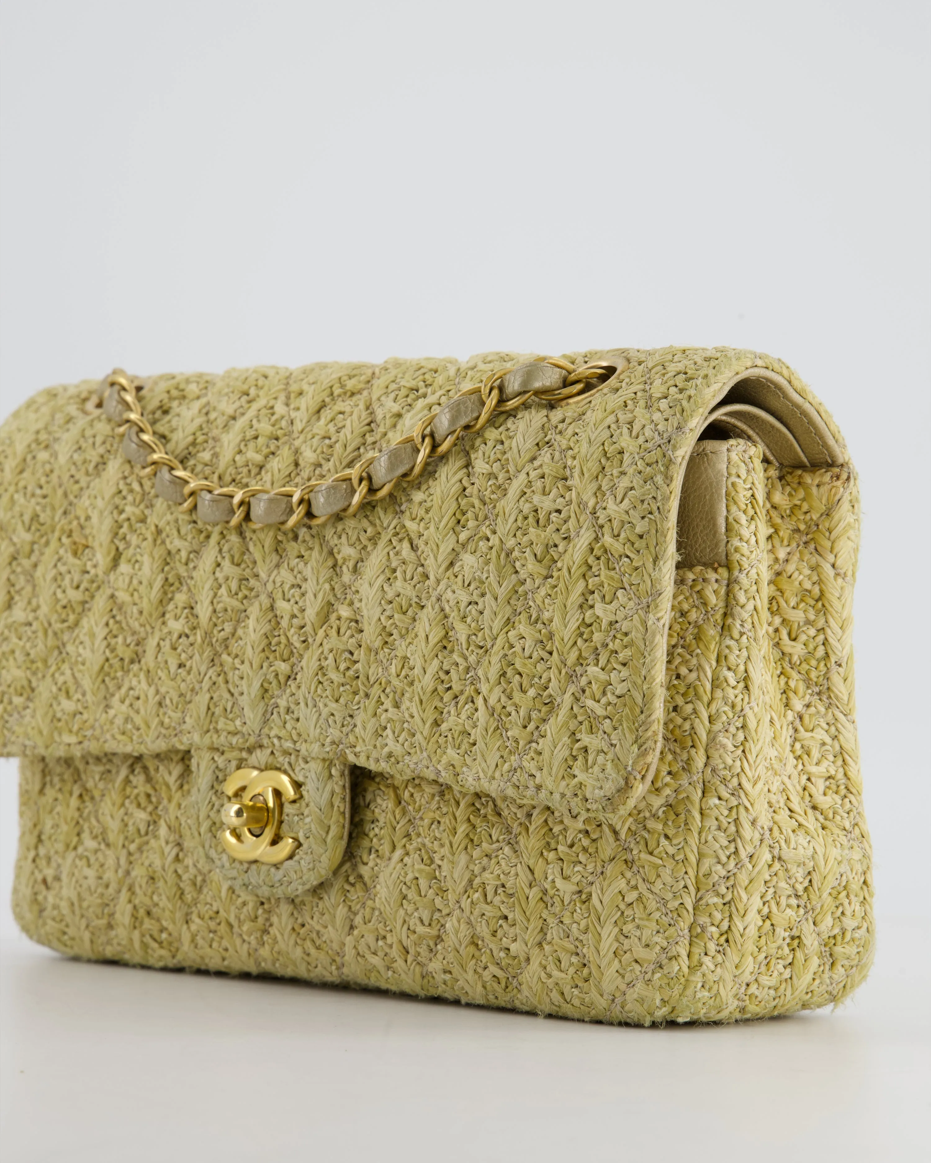 *SUPER HOT* Chanel Beige Raffia Medium Classic Double Flap Bag with Brushed Gold Hardware and Gold Leather Interior