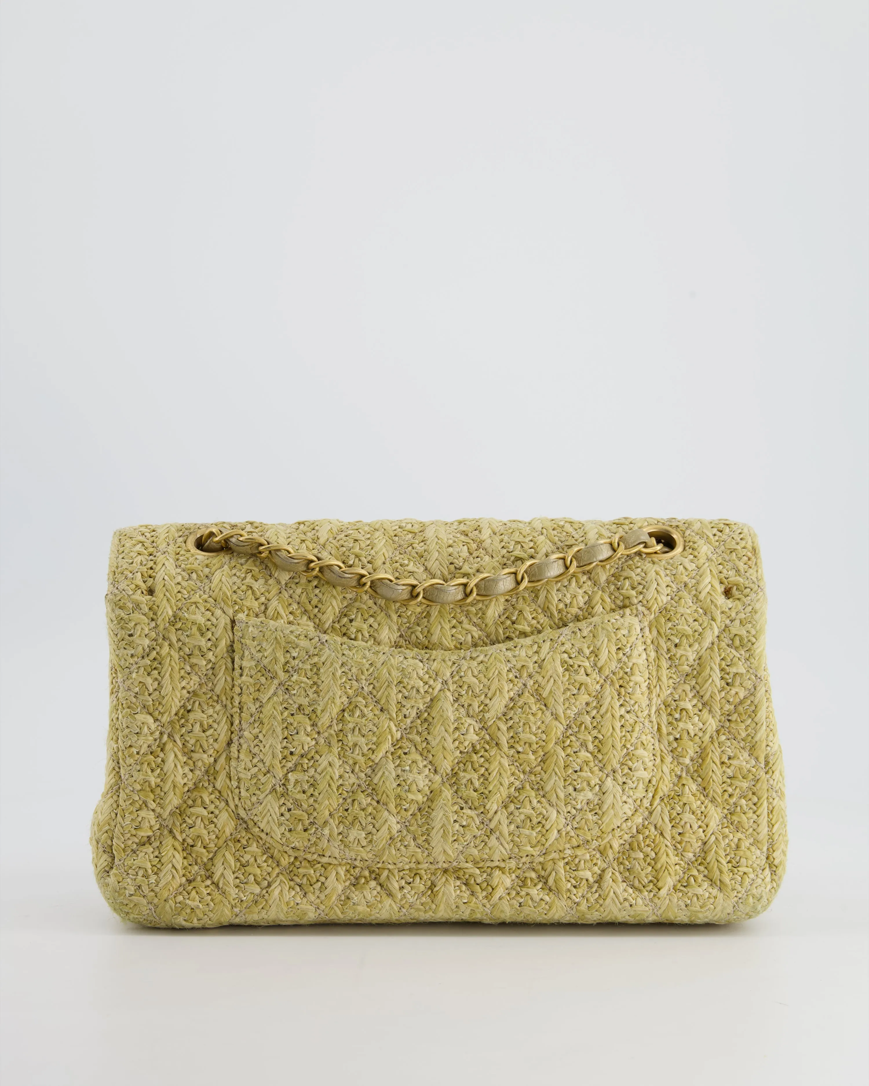 *SUPER HOT* Chanel Beige Raffia Medium Classic Double Flap Bag with Brushed Gold Hardware and Gold Leather Interior