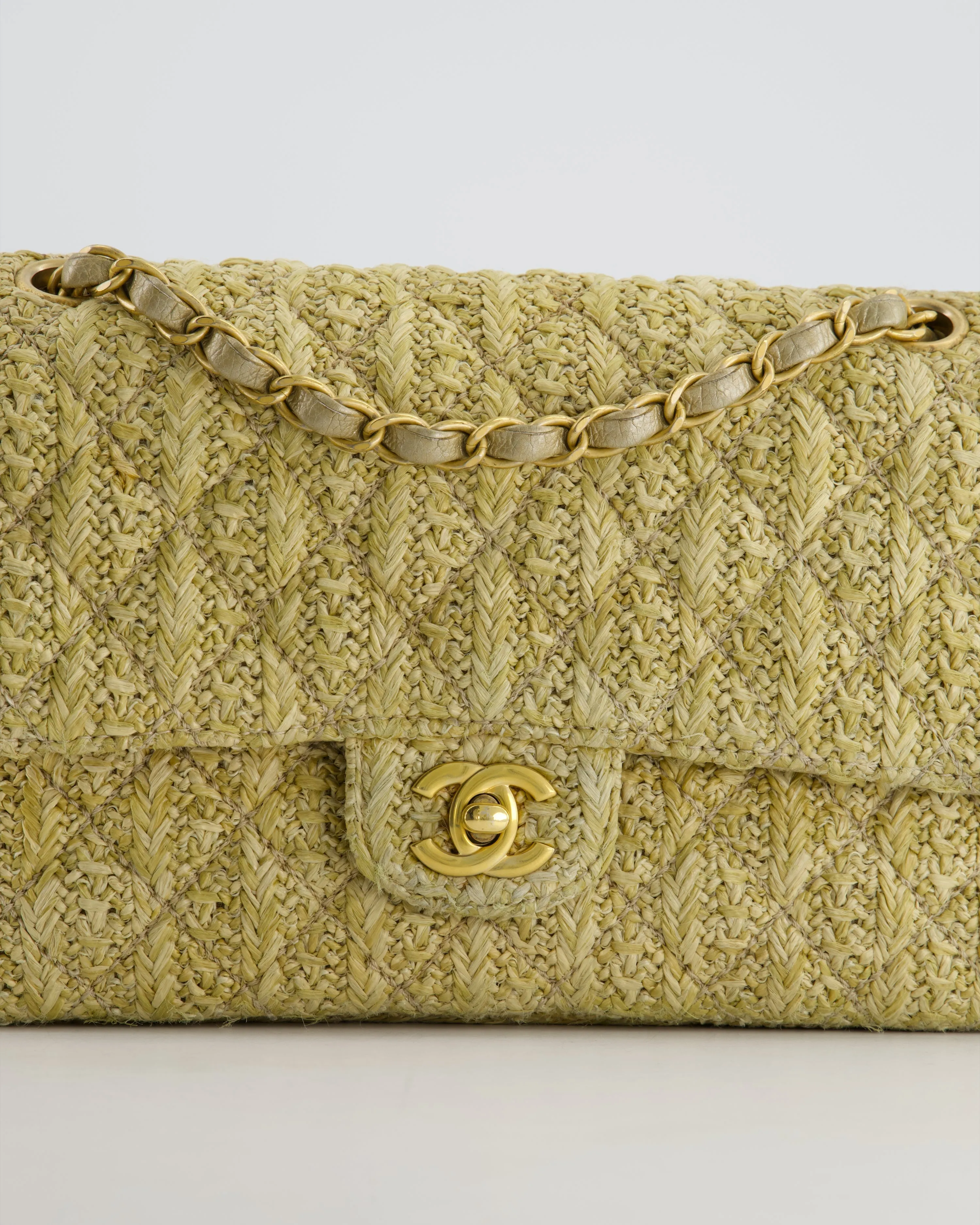*SUPER HOT* Chanel Beige Raffia Medium Classic Double Flap Bag with Brushed Gold Hardware and Gold Leather Interior