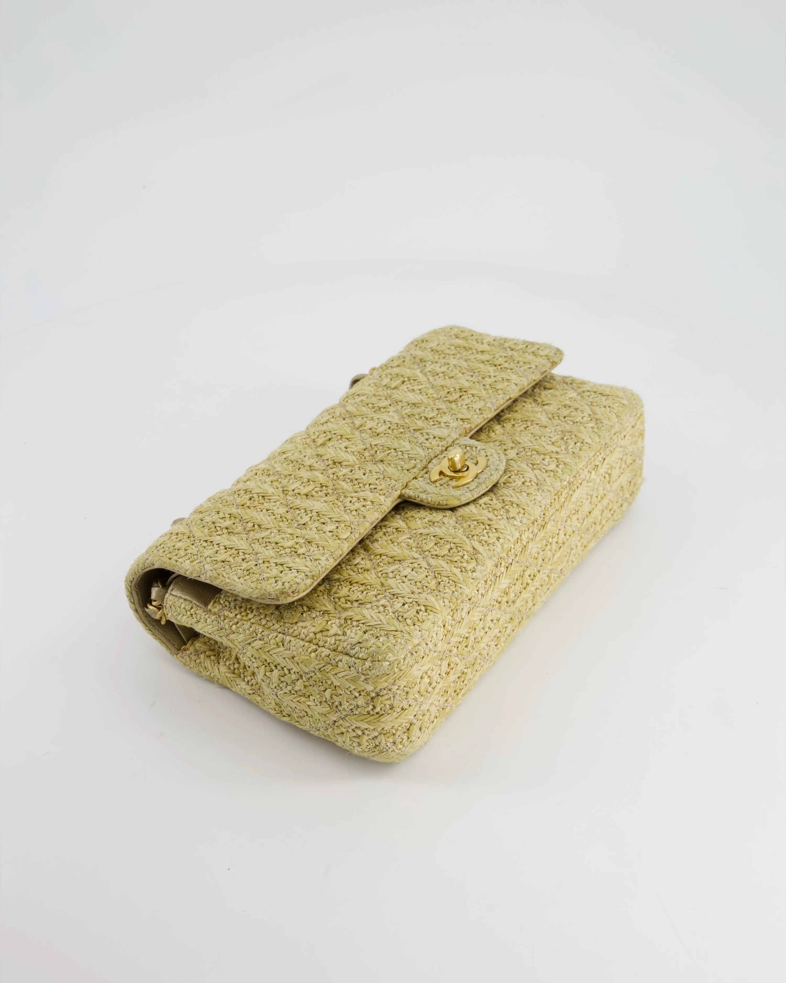 *SUPER HOT* Chanel Beige Raffia Medium Classic Double Flap Bag with Brushed Gold Hardware and Gold Leather Interior