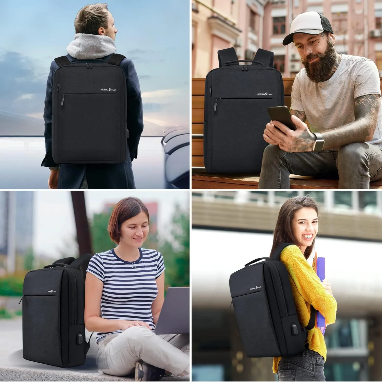 Victoriatourist Laptop Backpack 17 Inch, Business Slim Durable Laptops Travel Backpacks with USB Charging Port, College Backpacks Computer Bag Gifts for Men and Women Fits Notebook (Black)