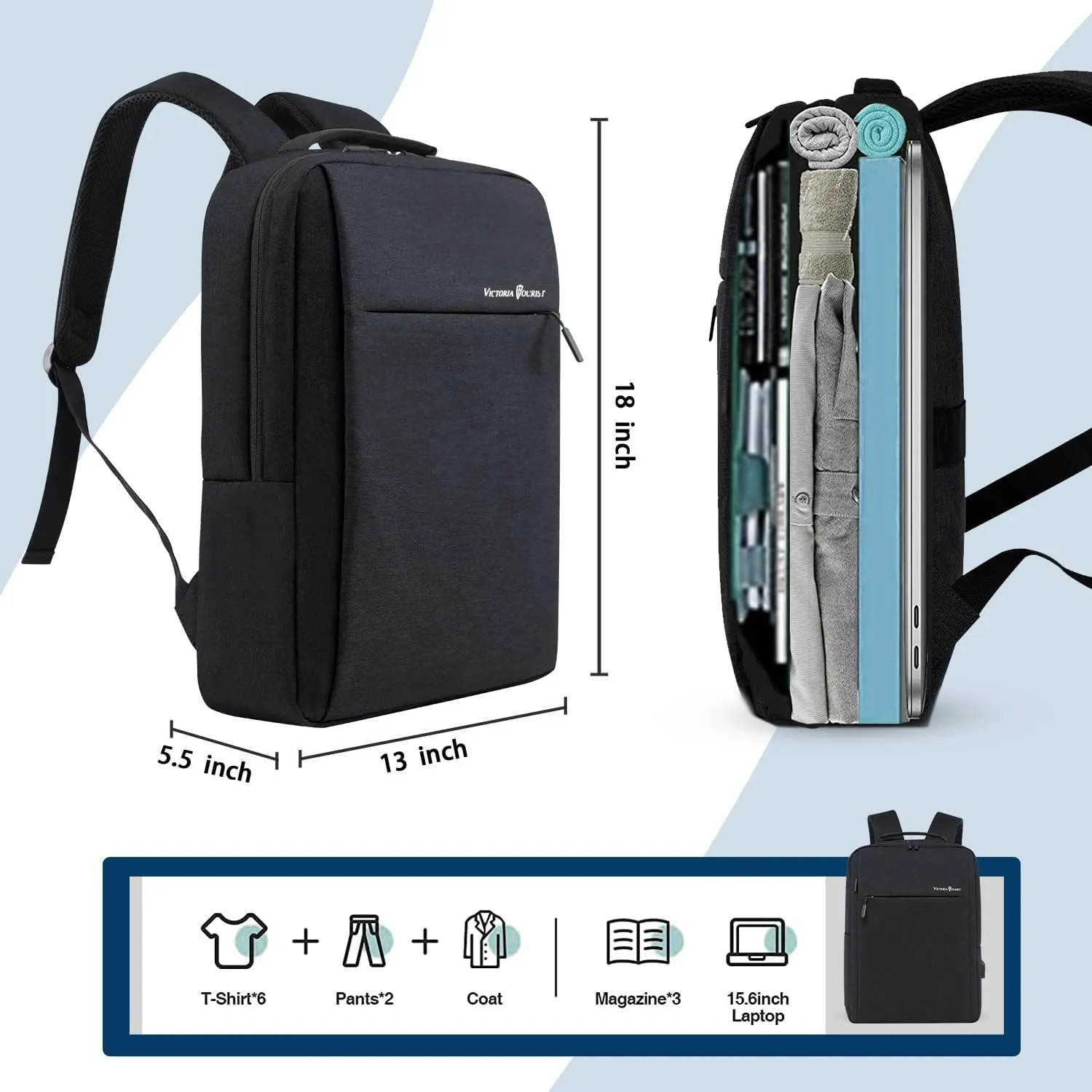 Victoriatourist Laptop Backpack 17 Inch, Business Slim Durable Laptops Travel Backpacks with USB Charging Port, College Backpacks Computer Bag Gifts for Men and Women Fits Notebook (Black)