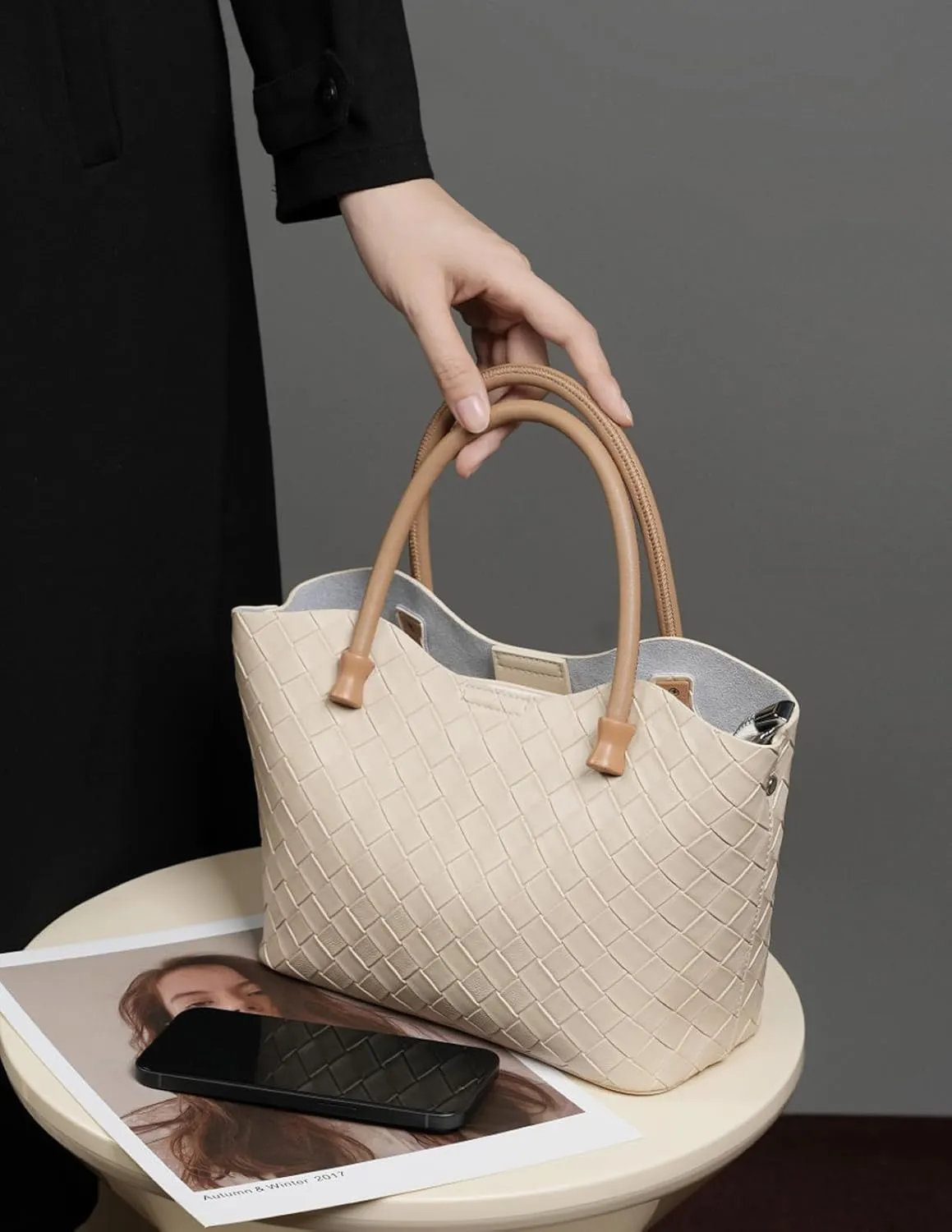 Woven Tote Bag for Women with Zipper, Small Genuine Leather Purse Handbags, Top-handle Satchel Shoulder Bags