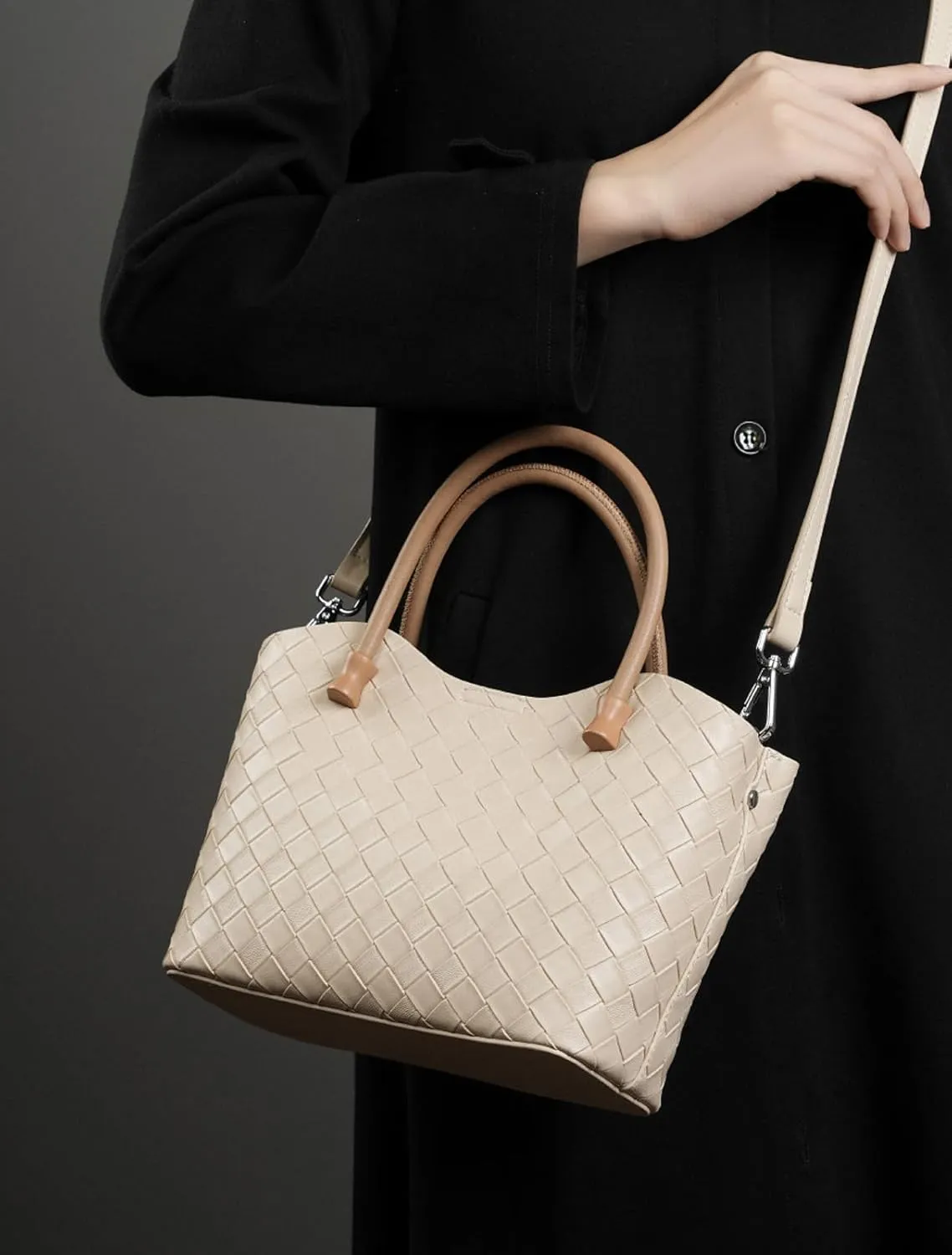 Woven Tote Bag for Women with Zipper, Small Genuine Leather Purse Handbags, Top-handle Satchel Shoulder Bags