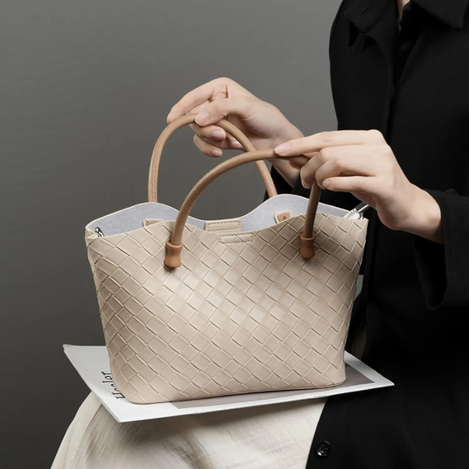 Woven Tote Bag for Women with Zipper, Small Genuine Leather Purse Handbags, Top-handle Satchel Shoulder Bags